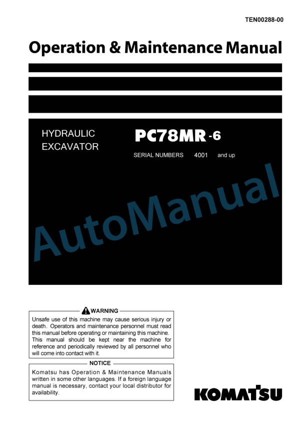 Komatsu PC78MR-6 Hydraulic Excavator Operation and Maintenance Manual TEN00288-00