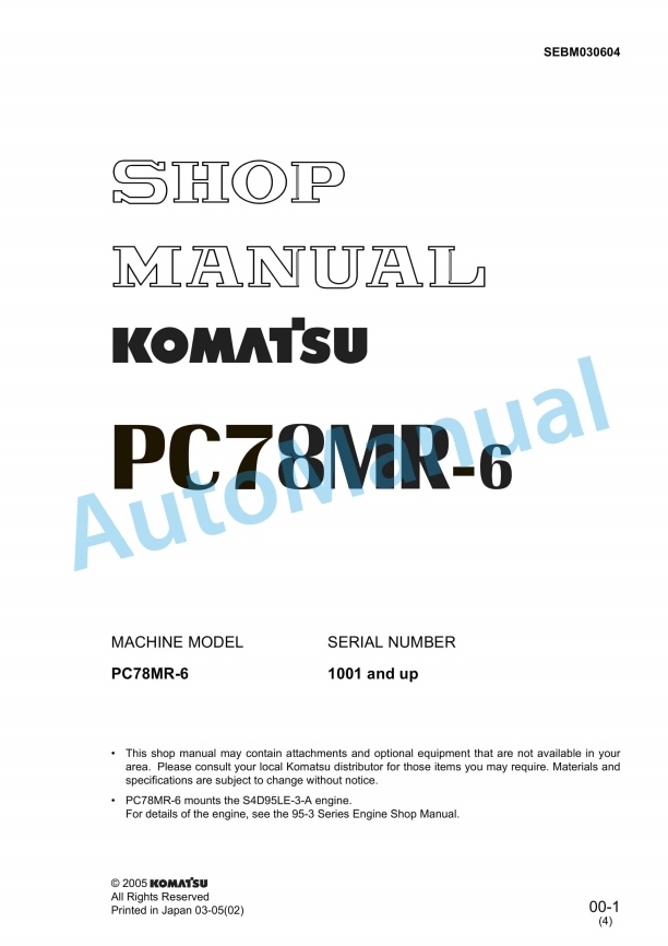 Komatsu PC78MR-6 Hydraulic Excavator Shop Manual SEBM030604