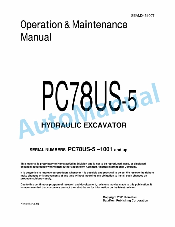 Komatsu PC78US-5 Hydraulic Excavator Operation and Maintenance Manual SEAM046100T