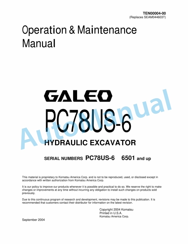 Komatsu PC78US-6 Galeo Hydraulic Excavator Operation and Maintenance Manual TEN00004-00