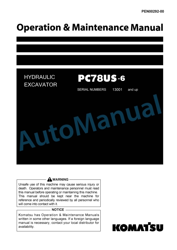 Komatsu PC78US-6 Hydraulic Excavator Operation and Maintenance Manual PEN00292-00