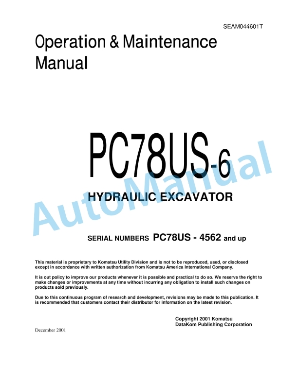 Komatsu PC78US-6 Hydraulic Excavator Operation and Maintenance Manual SEAM044601T