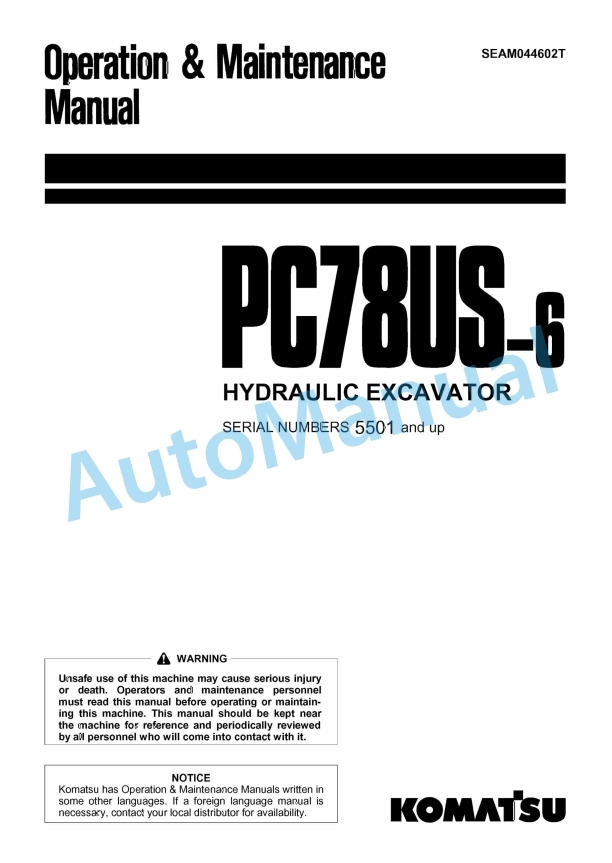 Komatsu PC78US-6 Hydraulic Excavator Operation and Maintenance Manual SEAM044602T