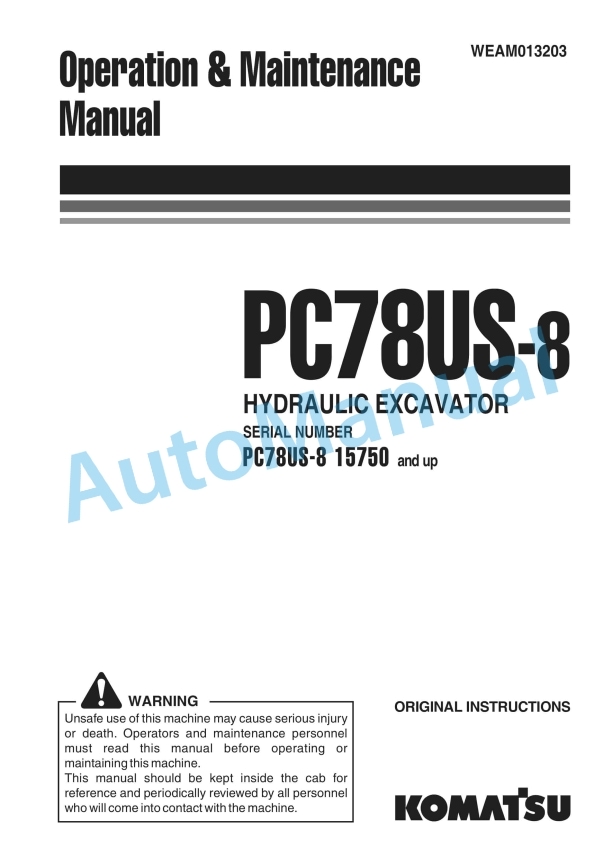 Komatsu PC78US-8 Hydraulic Excavator Operation and Maintenance Manual WEAM013203
