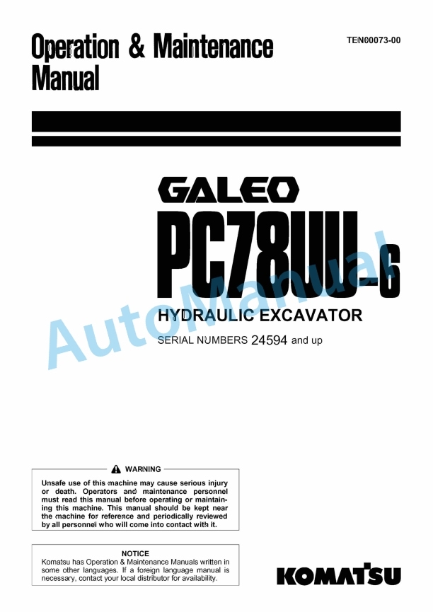 Komatsu PC78UU-6 Galeo Hydraulic Excavator Operation and Maintenance Manual TEN00073-00