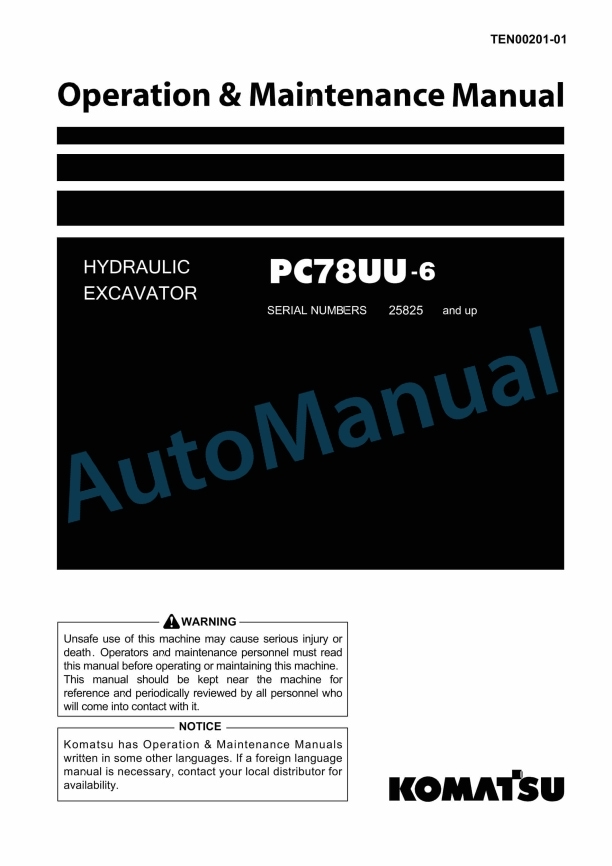 Komatsu PC78UU-6 Hydraulic Excavator Operation and Maintenance Manual TEN00201-01