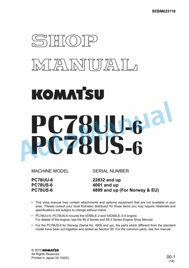 Komatsu PC78UU-6, PC78US-6 Hydraulic Excavator Shop Manual SEBM025118