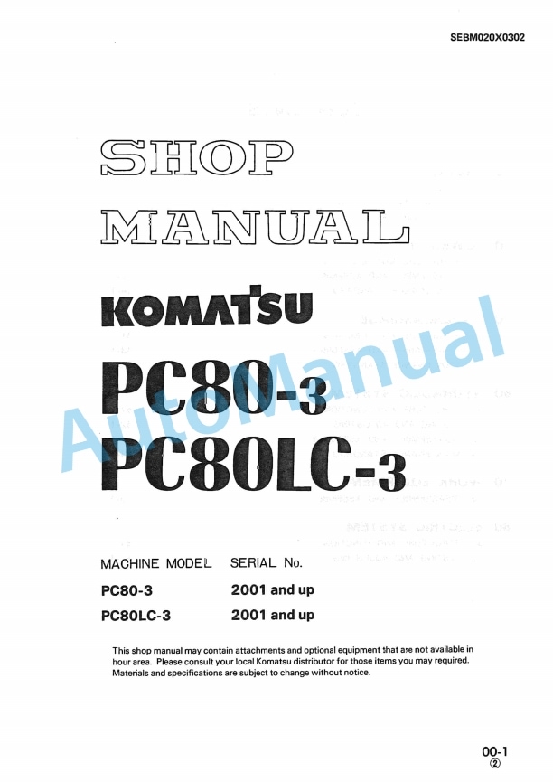 Komatsu PC80-3, PC80LC-3 Hydraulic Excavator Shop Manual SEBM020X0302