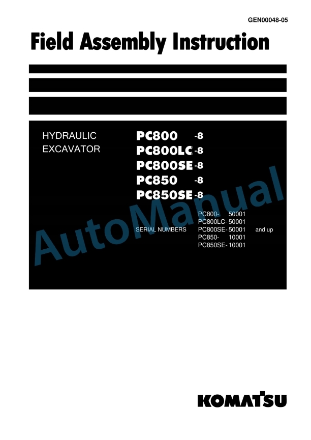 Komatsu PC800-8, PC800LC-8, PC800SE-8, PC850-8, PC850SE-8 Hydraulic Excavator Field Assembly Instruction GEN00048-05