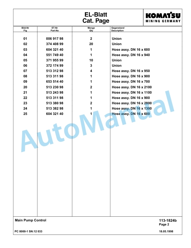 Komatsu PC8000-1 Hydraulic Excavator Parts Manual G12033-3