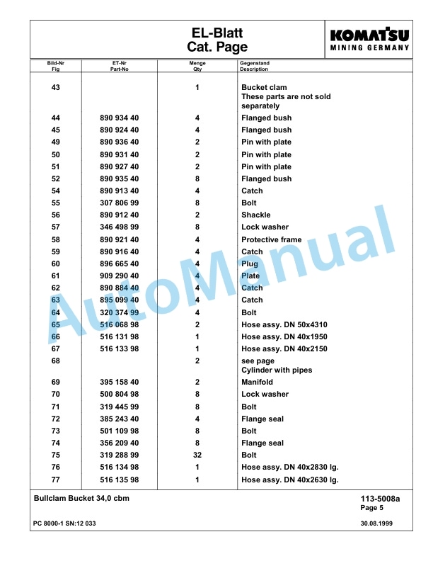 Komatsu PC8000-1 Hydraulic Excavator Parts Manual G12033-5