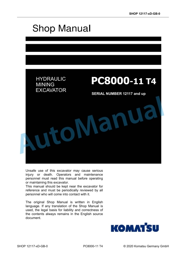 Komatsu PC8000-11 T4 Hydraulic Mining Shovel Shop Manual 12117-xD-GB-0