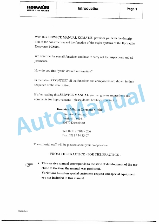 Komatsu PC8000-1E Hydraulic Excavator Service Manual