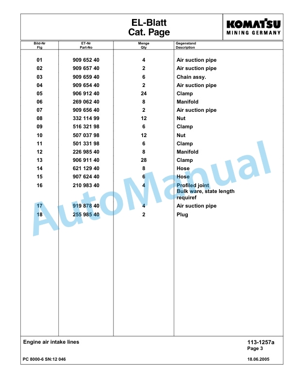 Komatsu PC8000-6 Hydraulic Excavator Parts Manual G12046-2