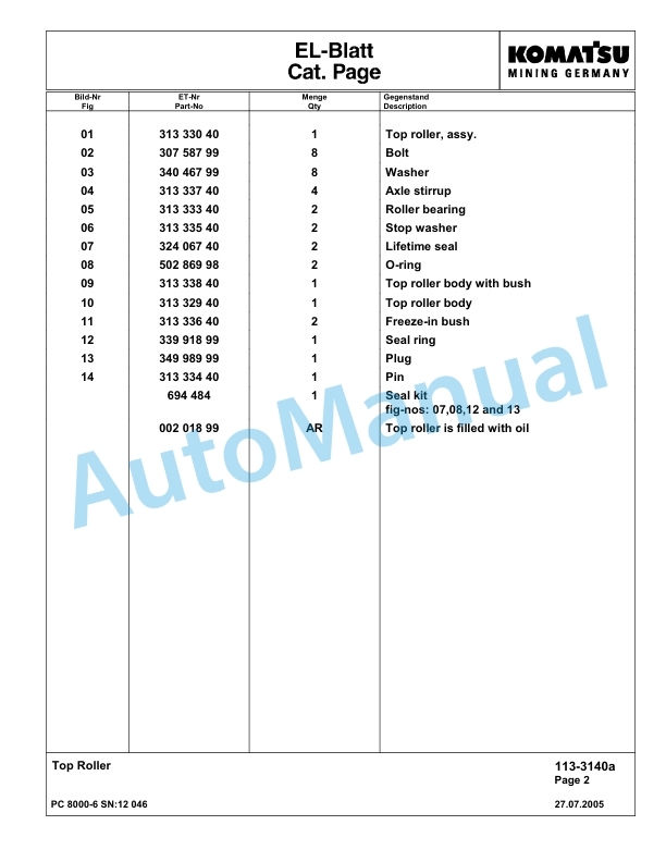 Komatsu PC8000-6 Hydraulic Excavator Parts Manual G12046-4