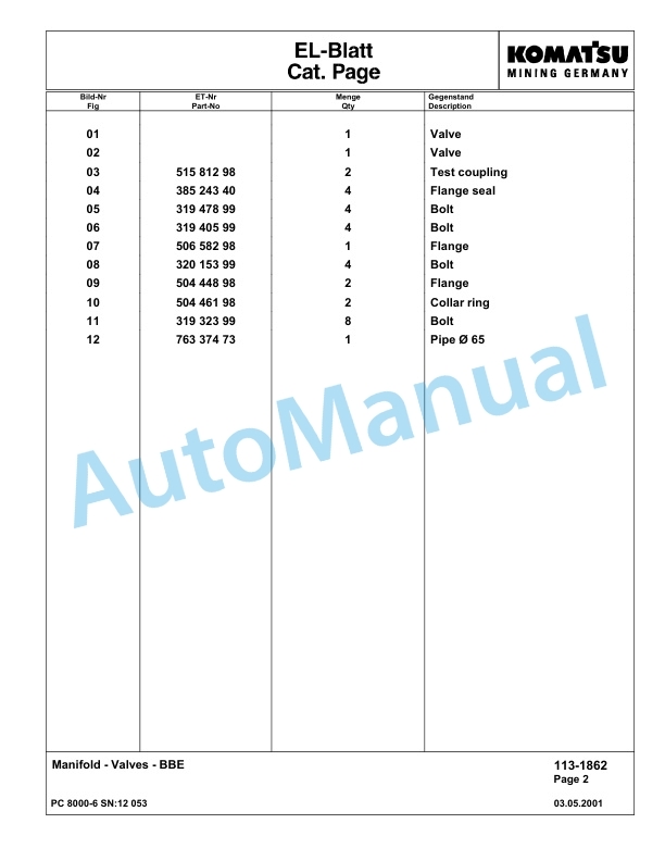 Komatsu PC8000-6 Hydraulic Excavator Parts Manual G12053-3