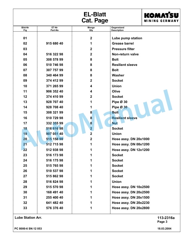 Komatsu PC8000-6 Hydraulic Excavator Parts Manual G12053-4