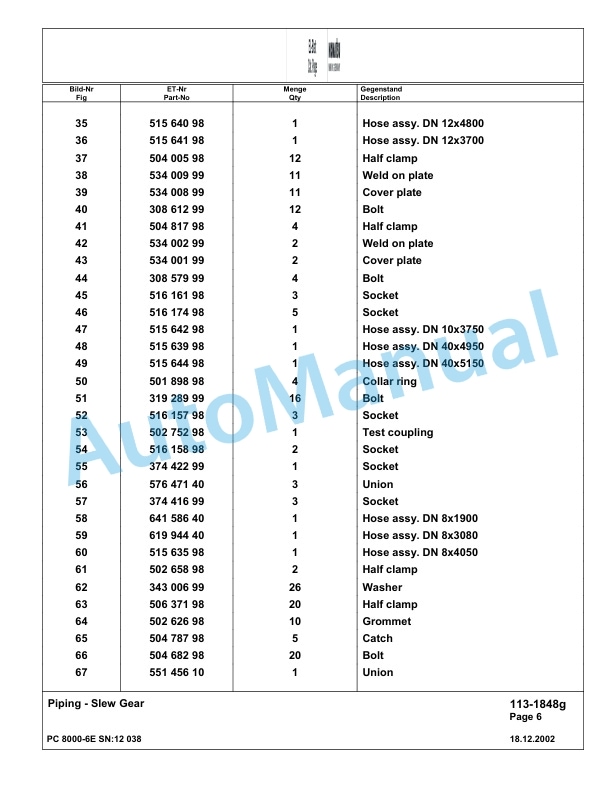 Komatsu PC8000-6E Hydraulic Excavator Parts Manual G12038-2