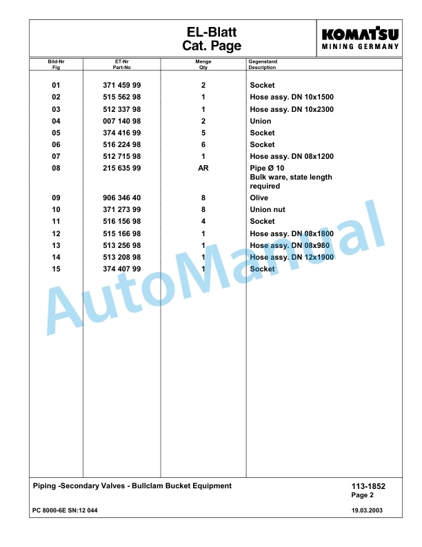 Komatsu PC8000-6E Hydraulic Excavator Parts Manual G12044-2