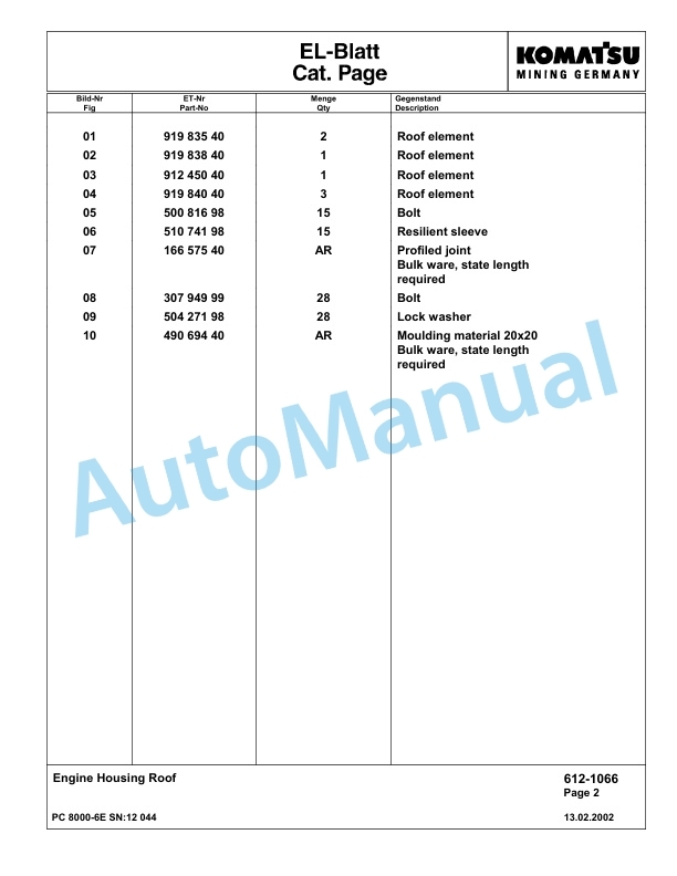 Komatsu PC8000-6E Hydraulic Excavator Parts Manual G12044-3