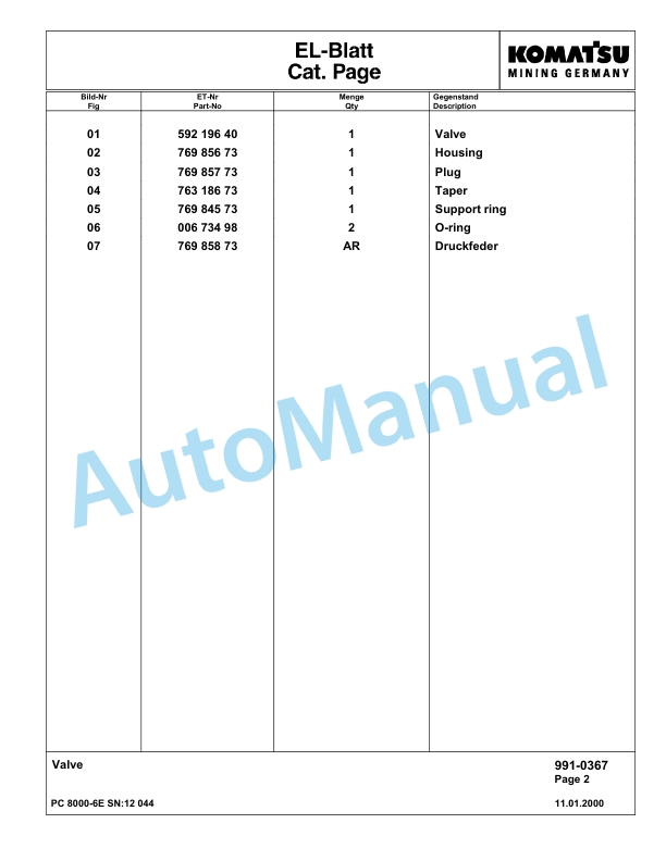Komatsu PC8000-6E Hydraulic Excavator Parts Manual G12044-5