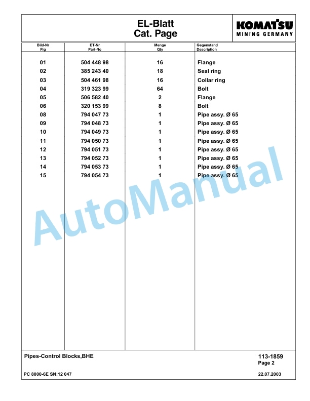 Komatsu PC8000-6E Hydraulic Excavator Parts Manual G12047-2