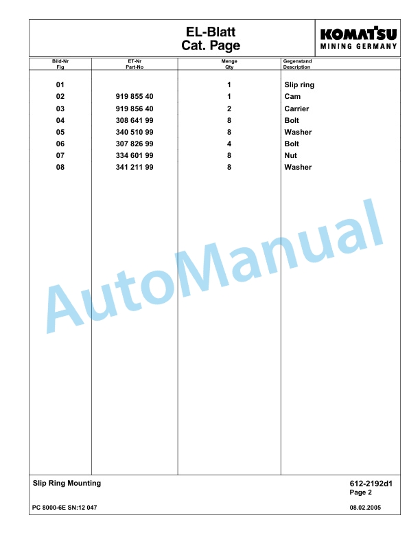 Komatsu PC8000-6E Hydraulic Excavator Parts Manual G12047-4