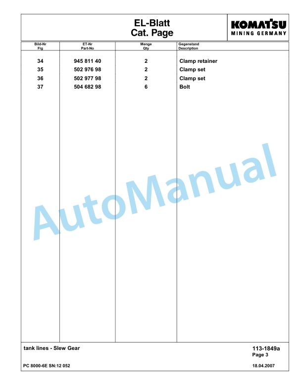 Komatsu PC8000-6E Hydraulic Excavator Parts Manual G12052-2