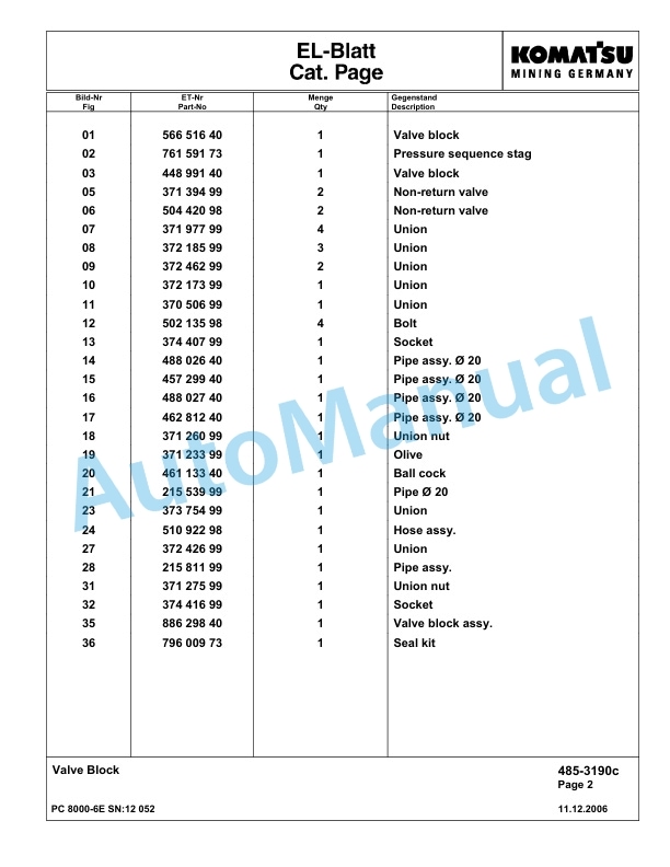 Komatsu PC8000-6E Hydraulic Excavator Parts Manual G12052-3