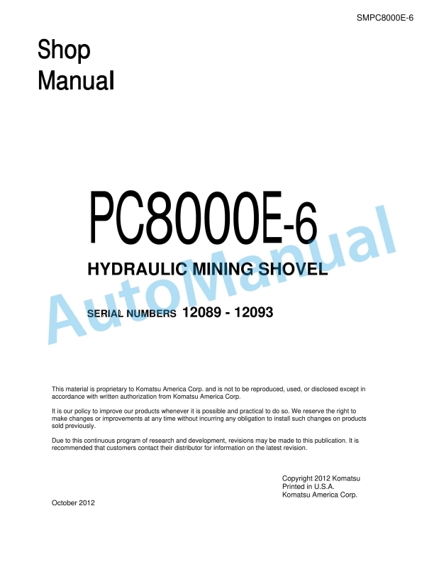 Komatsu PC8000E-6 Hydraulic Mining Shovel Shop Manual SMPC8000E-6