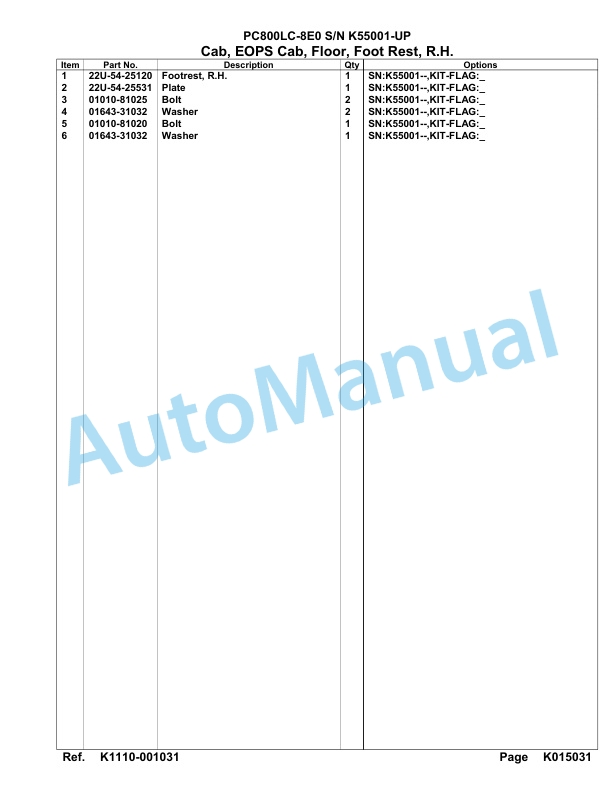 Komatsu PC800LC-8E0 Hydraulic Excavator Parts Manual K55001-UP-4