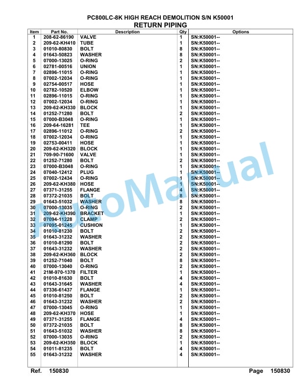 Komatsu PC800LC-8K High Reach Demolition Hydraulic Excavator Parts Manual K50001-UP-2