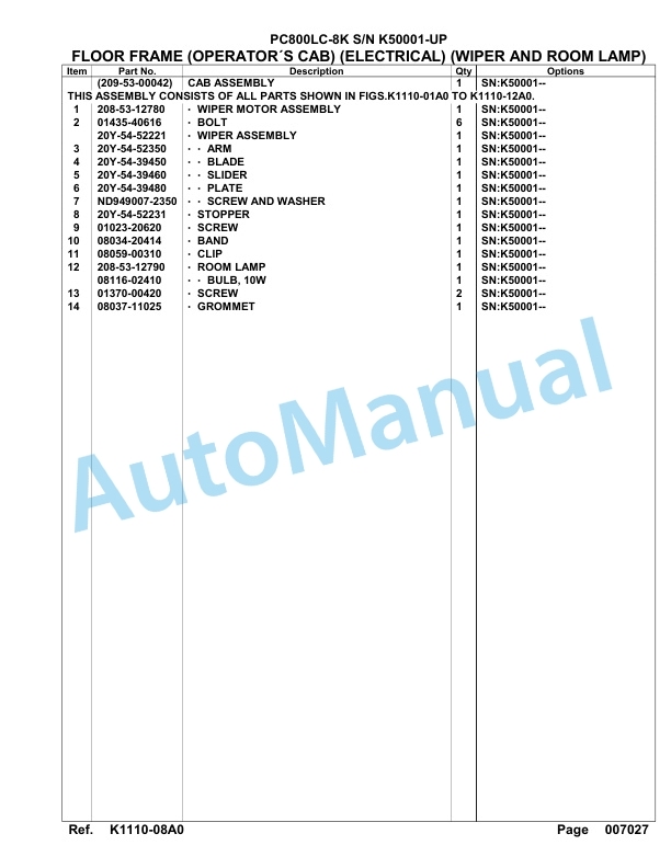 Komatsu PC800LC-8K Hydraulic Excavator Parts Manual SAA6D1KU-3