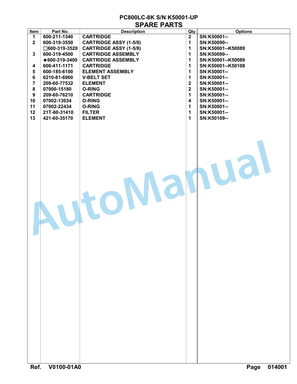 Komatsu PC800LC-8K Hydraulic Excavator Parts Manual SAA6D1KU-5