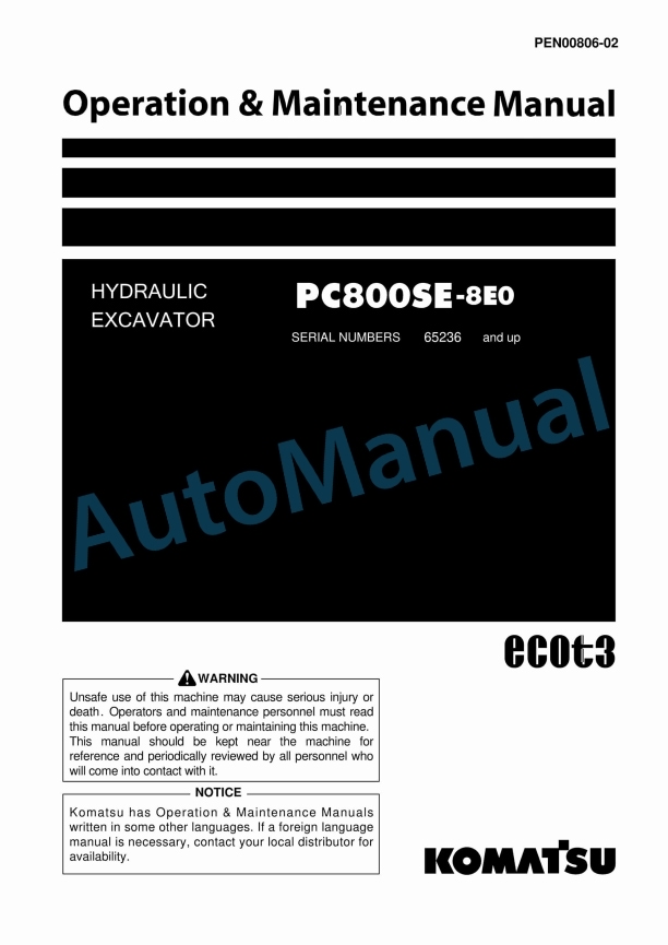 Komatsu PC800SE-8E0 Hydraulic Excavator Operation and Maintenance Manual PEN00806-02