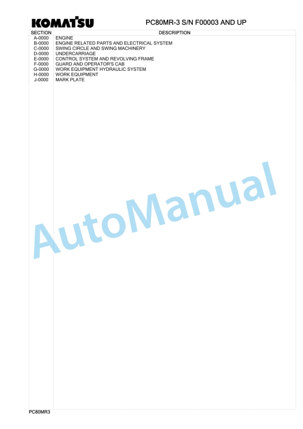 Komatsu PC80MR-3 Hydraulic Excavator Parts Manual F00003