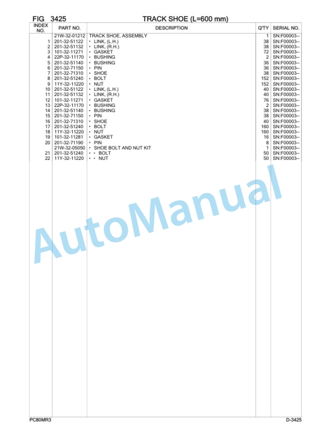 Komatsu PC80MR-3 Hydraulic Excavator Parts Manual F00003-2
