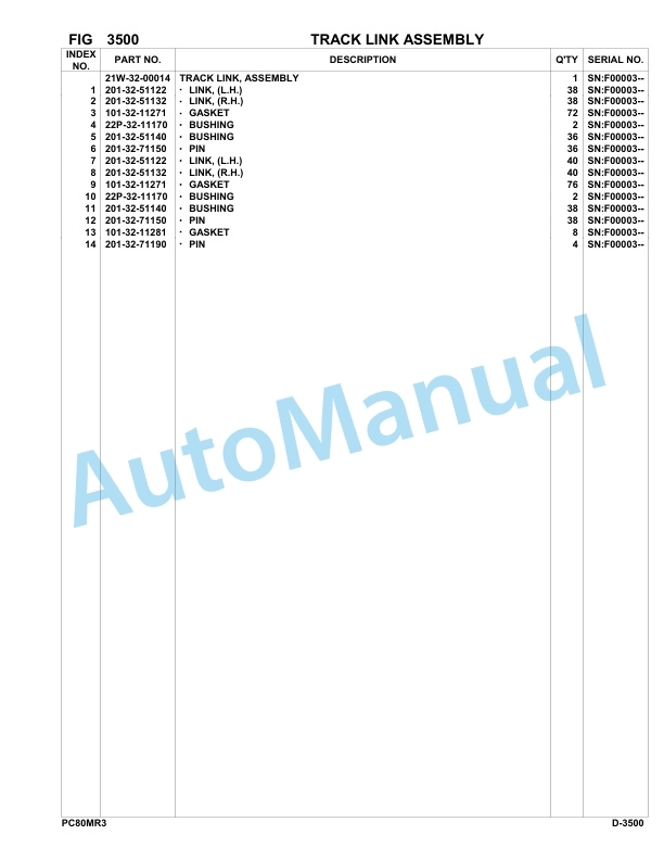 Komatsu PC80MR-3 Hydraulic Excavator Parts Manual F00003-UP-2