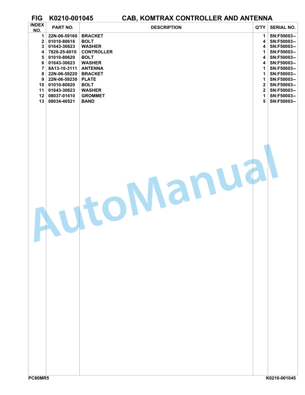 Komatsu PC80MR-5 Hydraulic Excavator Parts Manual F50003-UP-3