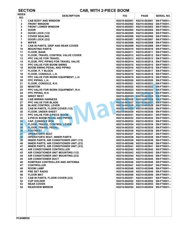 Komatsu PC80MR-5E0 Hydraulic Excavator Parts Manual F70001-UP-3