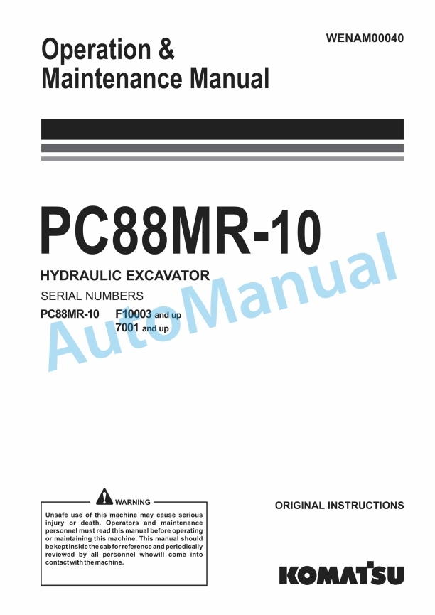 Komatsu PC88MR-10 Hydraulic Excavator Operation and Maintenance Manual WENAM00040