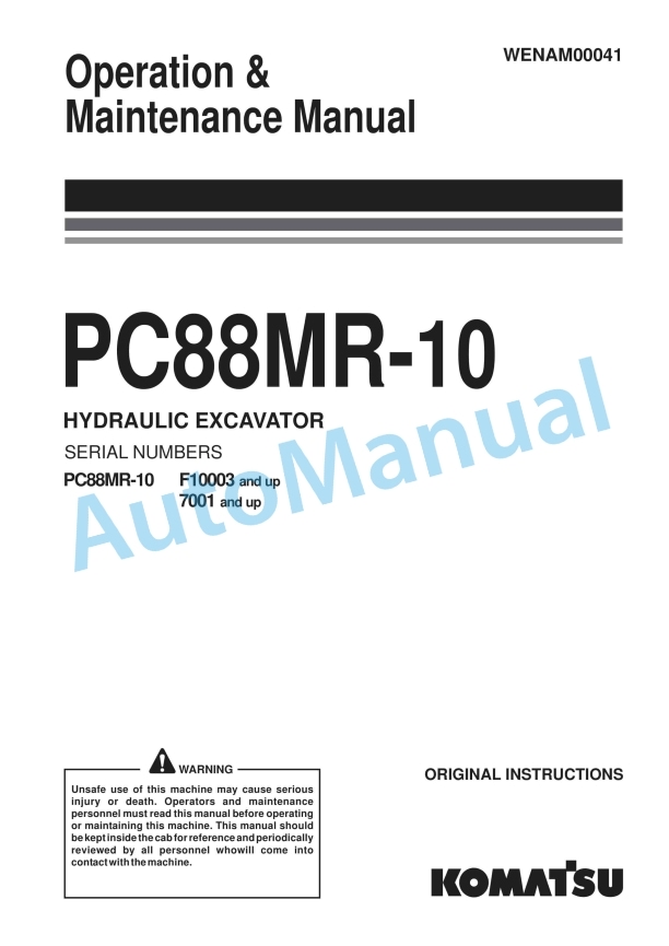 Komatsu PC88MR-10 Hydraulic Excavator Operation and Maintenance Manual WENAM00041