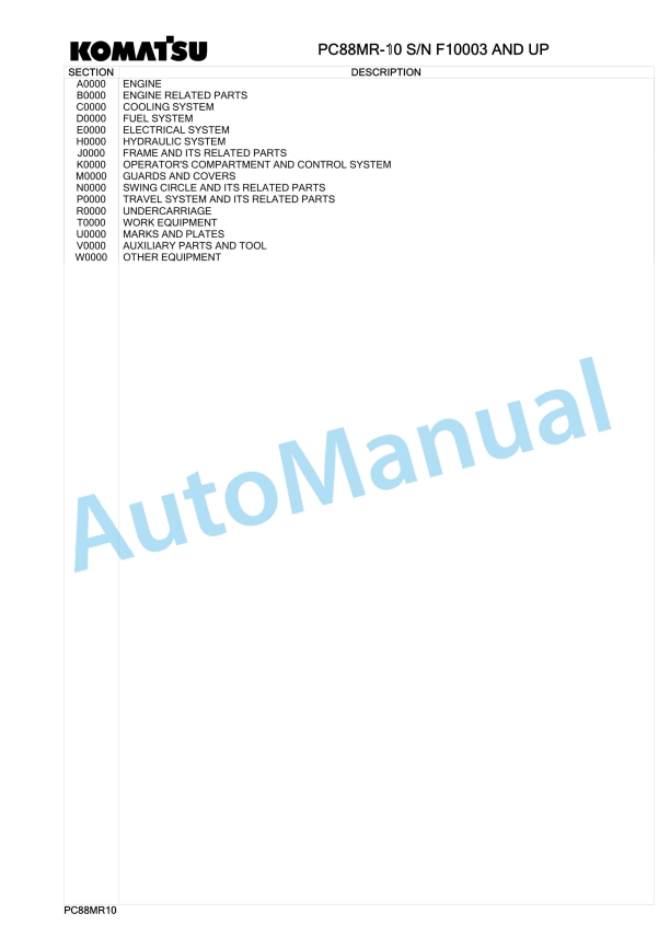 Komatsu PC88MR-10 Hydraulic Excavator Parts Manual F10003