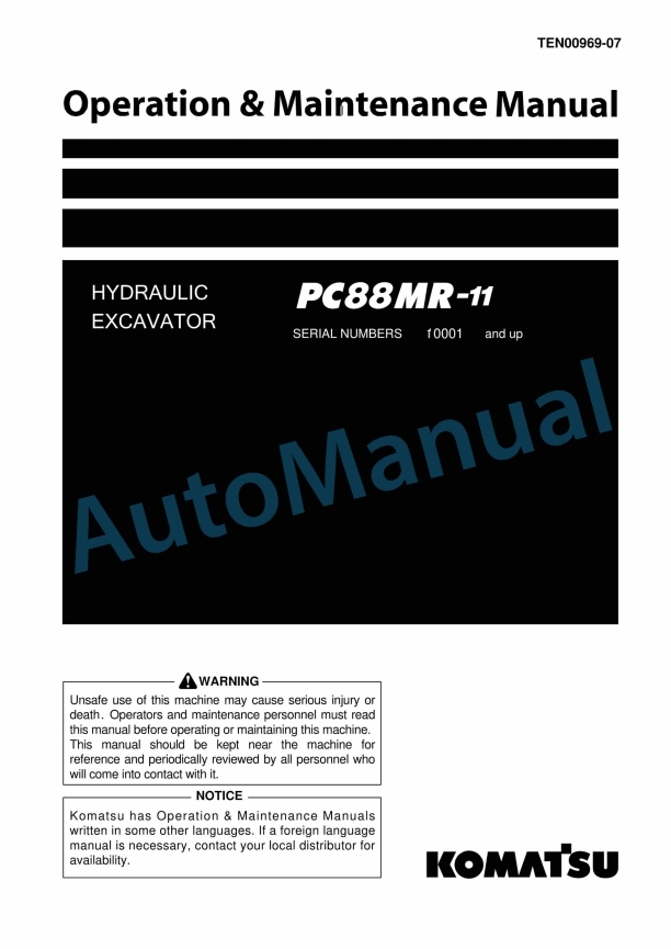 Komatsu PC88MR-11 Hydraulic Excavator Operation and Maintenance Manual TEN00969-07