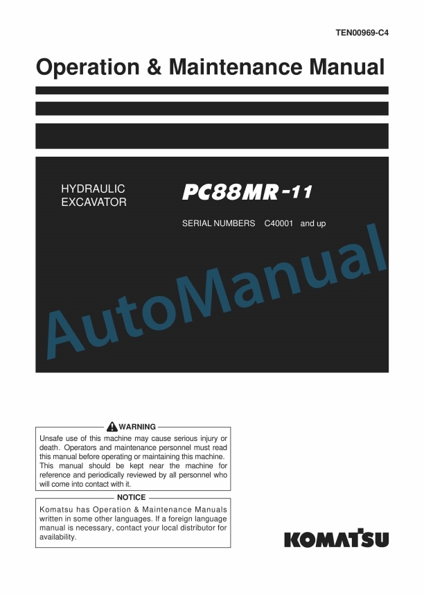 Komatsu PC88MR-11 Hydraulic Excavator Operation and Maintenance Manual TEN00969-C4