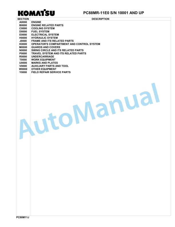 Komatsu PC88MR-11E0 Hydraulic Excavator Parts Manual 10001-UP