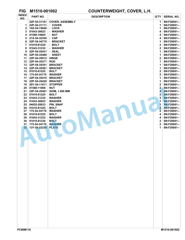 Komatsu PC88MR-11E0 Hydraulic Excavator Parts Manual F20001-UP-4