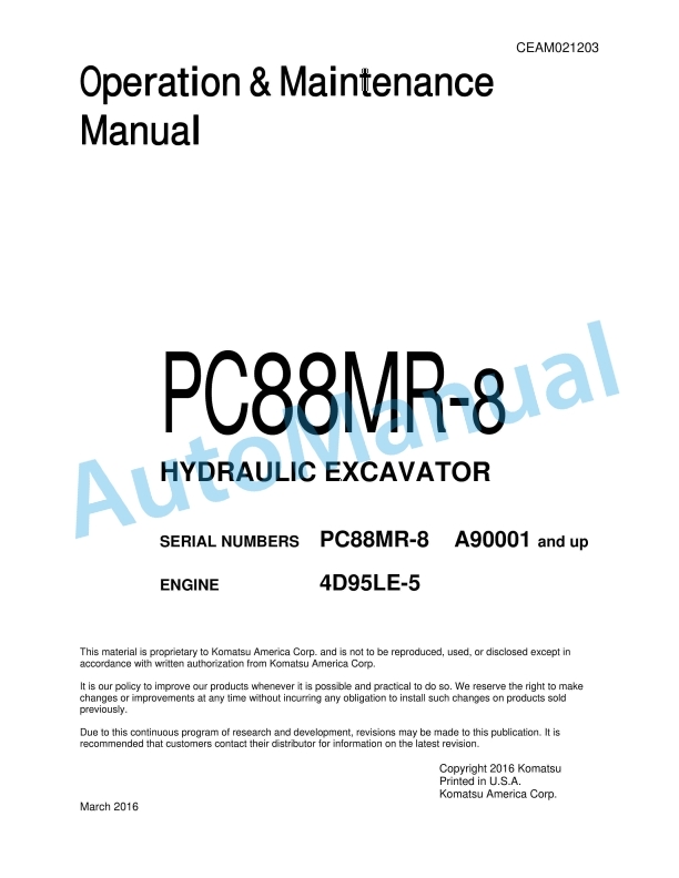 Komatsu PC88MR-8 Hydraulic Excavator Operation and Maintenance Manual CEAM021203