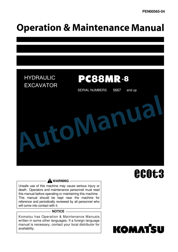 Komatsu PC88MR-8 Hydraulic Excavator Operation and Maintenance Manual PEN00565-04