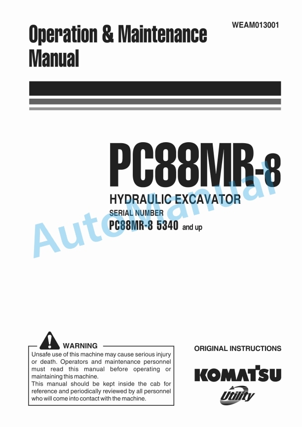 Komatsu PC88MR-8 Hydraulic Excavator Operation and Maintenance Manual WEAM013001